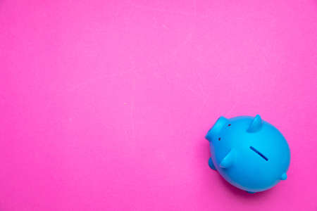 Savings concept. Piggy bank blue color against bright pink background, copy space, top view.の写真素材
