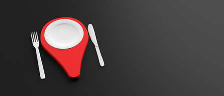 Restaurant delivery, fast food concept. Red location pointer and place setting on black color...