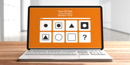 IQ test. Online Intelligence test form on computer laptop screen, blur empty room background. 3d...