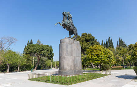 April 17, 2019. Athens Greece. Georgios Karaiskakis, greek revolution hero riding a horse statue at the city center, blue sky background,のeditorial素材