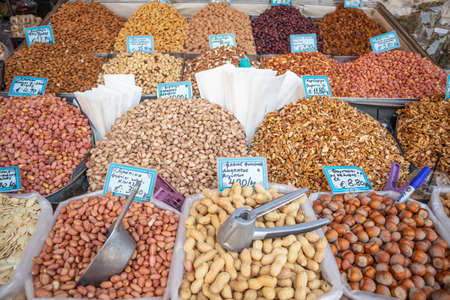 April 28, 2019. Athens, Greece. Nuts variety at street market stall. Proper healthy seeds background for vegan and vegetarian.のeditorial素材