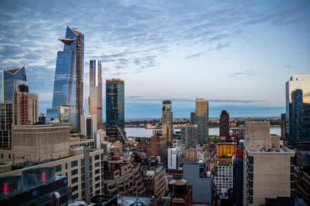 New York, USA. May 6th, 2019. City skyline. Aerial view of Manhattan skyscrapers and Empire state...