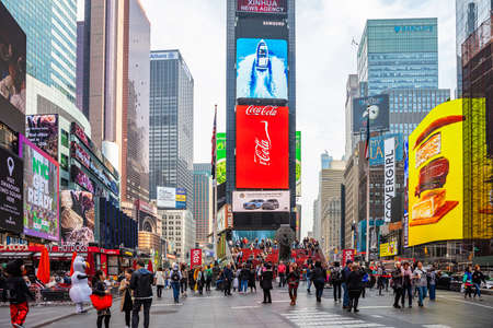 USA, New York, Times Square. May 2, 2019. High modern buildings, colorful neon lights, large...