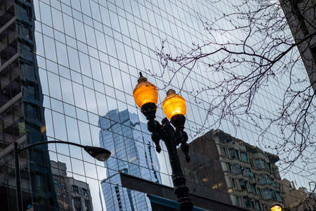 Chicago city downtown, Illuminated street lights on city high rise buildings background, closeup viewの写真素材