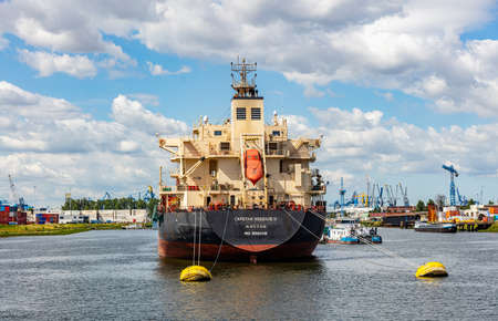 Rotterdam harbor, Netherlands. July 2nd, 2019. Ship anchored at international commercial port of Rotterdam, sunny summer dayのeditorial素材