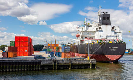 Rotterdam harbor, Netherlands. July 2nd, 2019. Ship anchored at international commercial port of Rotterdam, sunny summer dayのeditorial素材