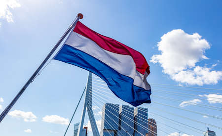 Netherlands flag waving, Highrise buildings and Erasmus bridge background, sunny day in Rotterdam city centerの写真素材