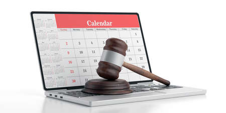 Online auction date, judge decision deadline concept. Judge gavel on computer, Calendar on  laptop screen , 3d illustrationの写真素材
