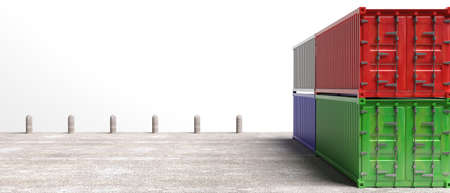Cargo containers, import export, logistics concept, commercial harbor, banner, copy space. 3d...