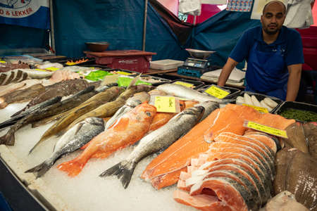 Rotterdam Netherlands, June 29, 2019. Fresh fish variety and seafood for sale at an open air marketのeditorial素材