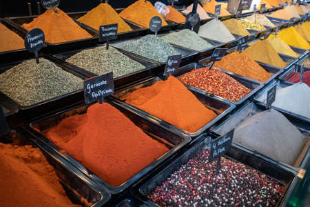Rotterdam Netherlands, June 28, 2019. Colorful spices variety in a store in Rotterdam markthal, closeup viewのeditorial素材
