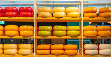 Rotterdam Netherlands, June 27, 2019. Dutch cheeses, edam, gouda, whole round wheels on wooden shelf, cheese store in Rotterdam markthal.Texture, backgroundのeditorial素材