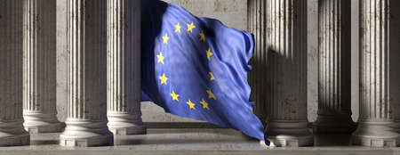 EU authority or european civilization concept. EU flag, classic greek marble stone columns building,...