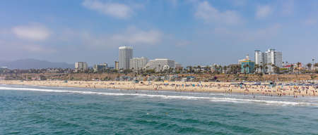 California USA. May 30, 2019. Santa Monica beach panoramic view, People on sandy beach. Pacific ocean coastline Los Angeles. Blue sky and seaのeditorial素材