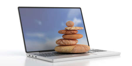 Zen stones stack on a computer laptop isolated on white background. Relax and stress free at the office concept. 3d illustrationの写真素材