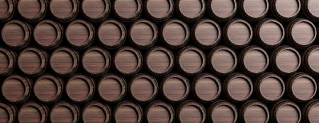 Brewery, winery background. Wine, beer barrels stacked, brown color wood full background, banner. 3d...