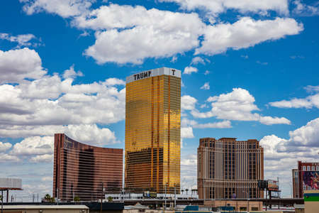 Las Vegas Nevada, USA. May 28, 2019. Trump tower gold facade shining in the morning. Sunny spring day, blue sky with cloudsのeditorial素材