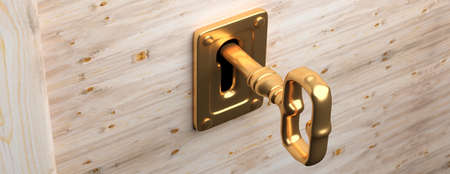 Unlock success concept. Gold key and keyhole, closeup view, wood door background, banner. 3d...
