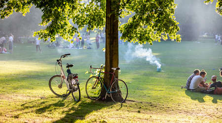 Rotterdam, Netherlands. June 29, 2019. Picnic on the grass sun behind the trees foliage, summer afternoon,のeditorial素材