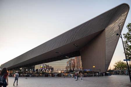 Rotterdam Netherlands, June 30, 2019. Rotterdam Centraal, Central station building facade and entrance. Clear sky backgroundのeditorial素材