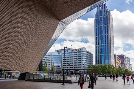 Rotterdam Netherlands, July 1st, 2019. Rotterdam Centraal, Central station building entrance. Blue sky with clouds.のeditorial素材
