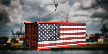 US products, export, import concept. US of America flag container, port and cloudy sky background....