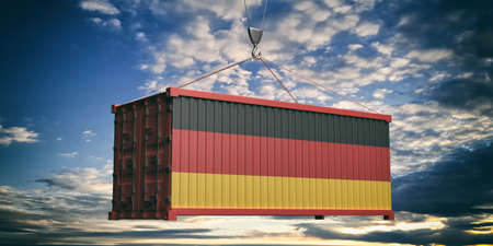 Germany products, export, import concept. German flag container on cloudy sky background at sunset. 3d illustrationの写真素材