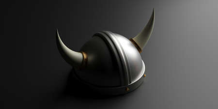 Viking warrior hat with horns against black background, gold details, high angle view. 3d illustrationの写真素材