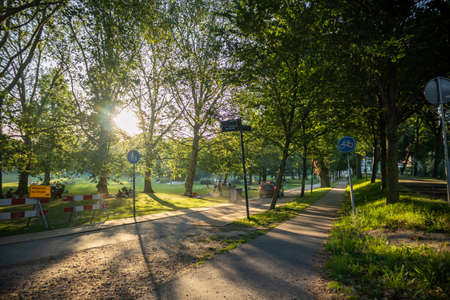 Rotterdam, Netherlands. June 29, 2019. People relaxing  on the grass, sun behind the trees foliage, summer afternoon in a city parkのeditorial素材