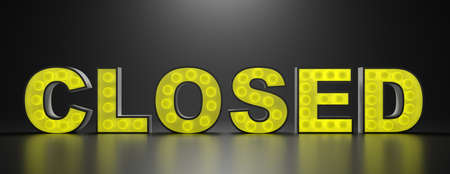 Closed sign. Yellow color bright light Closed text glowing against black background, light bulbs...