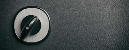 Switch turning on off retro old round on black leather background, banner, copy space