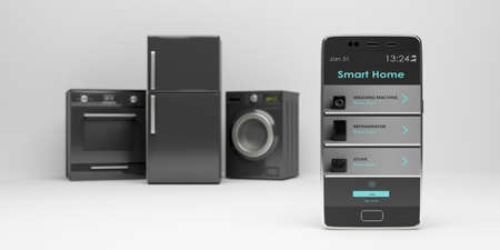 Smart home app, remote control. Home appliances set and mobile phone against white background. Fridge, electric stove and washing dryer machine. 3d illustrationの写真素材