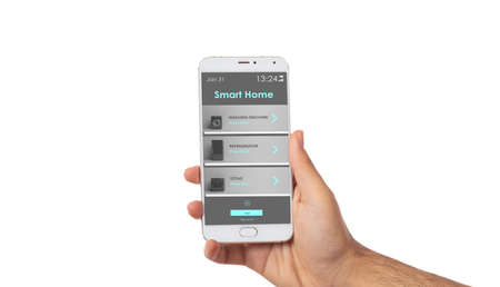 Smart home app, remote control, mobile phone isolated against white background. Fridge, electric stove and washing dryer machine. 3d illustrationの写真素材