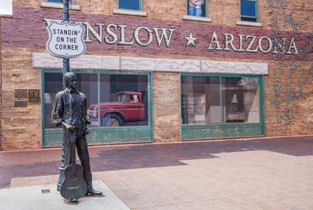 Winslow Arizona, US. May 23, 2019. Standing on the corner statue, historic route 66, road tripのeditorial素材