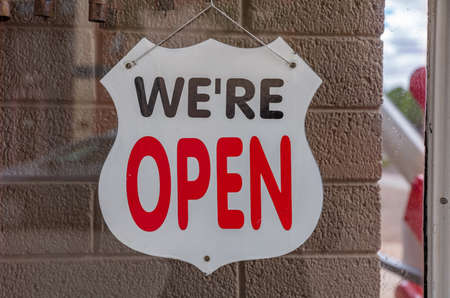 Winslow Arizona, US. May 23, 2019. We re open sign on a store wall. Historic route 66のeditorial素材