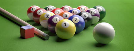 Billiard table, pool balls set in a triangle shape on green felt, banner, closeup view. 3d...