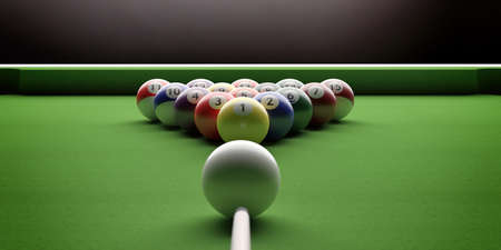 Cue ball, billiard table. Pool balls in a triangle shape and stick on green felt, closeup view. 3d...