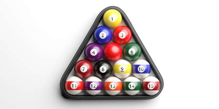 Billiard pool balls set isolated against white background in triangle shape rack, top view. 3d illustrationの写真素材