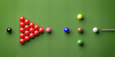Snooker billiard table, pool balls set in a triangle shape on green felt, top view. 3d illustrationの写真素材