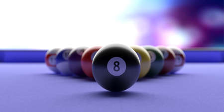 Cue ball, billiard table. Pool balls in a triangle shape, blue color table, closeup view. 3d...
