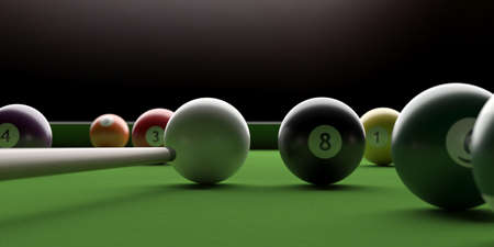 Billiard table. Pool balls and stick on green felt, closeup view. 3d illustrationの写真素材