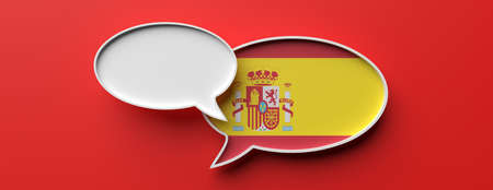 Communication in spanish language, translation. Spain flag speech bubble and blank bubble against red background, banner. 3d illustrationの写真素材