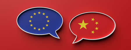 EU and China communication. European Union and Chinese flag speech bubbles against red background,...