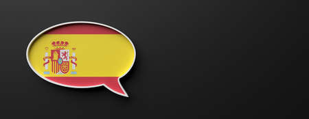 ÎablÎ¿ espaÃ±ol, speak spanish concept. Spain flag speech bubble against black background, banner, copy space. 3d illustrationの写真素材