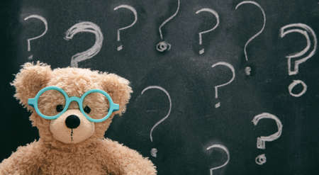 Confused child, doubt. Smart kid in class, question mark on blackboard, cute teddy wearing blue...