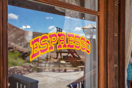 Calico ghost town California, USA. May 29, 2019. Calico cafe sign espresso on glass window, wood...