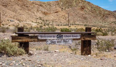 Calico ghost town California, USA. May 29, 2019. Welcome to Calico Ghost town, stay and play. Wood sign with textのeditorial素材