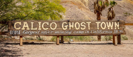 Calico ghost town California, USA. May 29, 2019. Old former silver mining town in San Bernardino County, theme park. Wood sign with text, bannerのeditorial素材