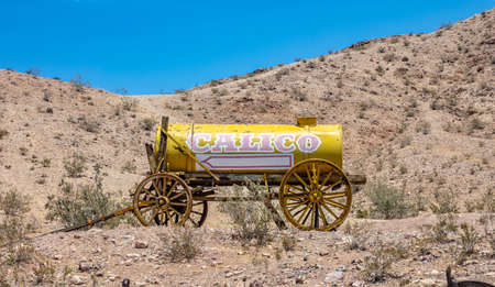 Calico ghost town California, USA. May 29, 2019. Old horse carriage with text Calico, Calico theme park signpostのeditorial素材