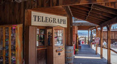 Calico ghost town California, USA. May 29, 2019. Calico Telegraph sign on wood building facadeのeditorial素材